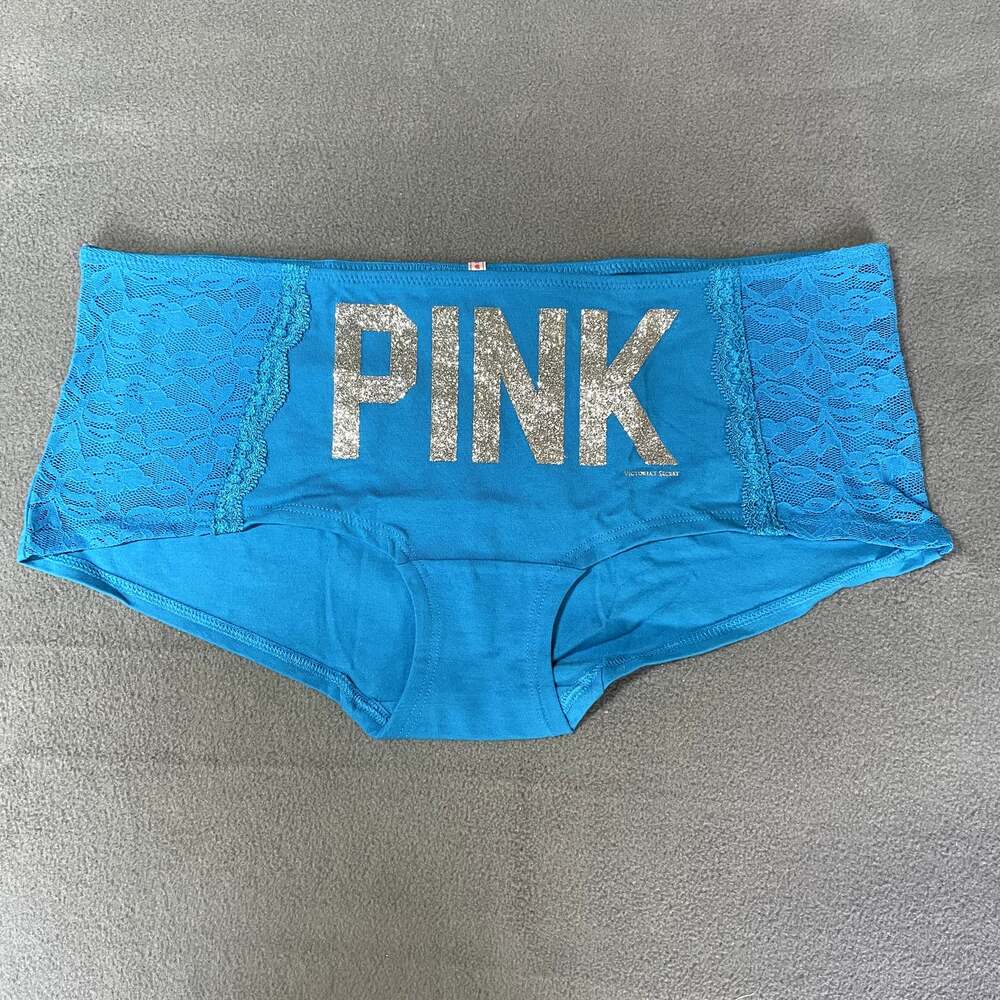 Victoria's Secret PINK 2011 Low Rise Boy Short Panty Medium Blue Glitter Graphic